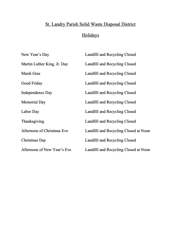 Holiday Waste Schedule