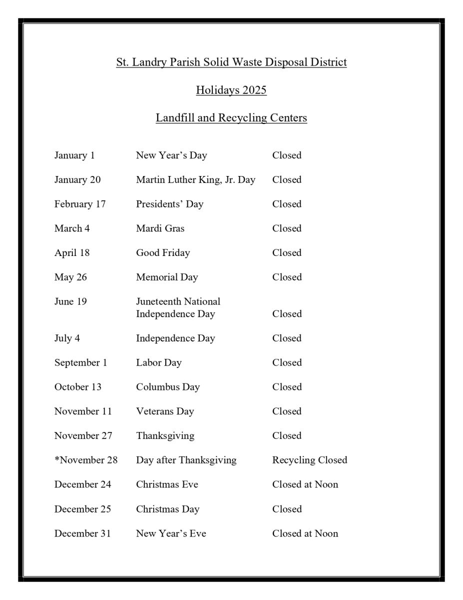 2025 Solid Waste Holiday Schedule